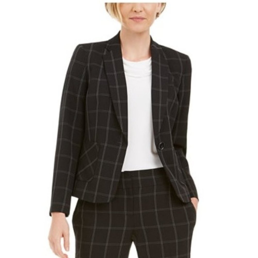Kasper Petite Windowpane-Plaid One-Button Blazer